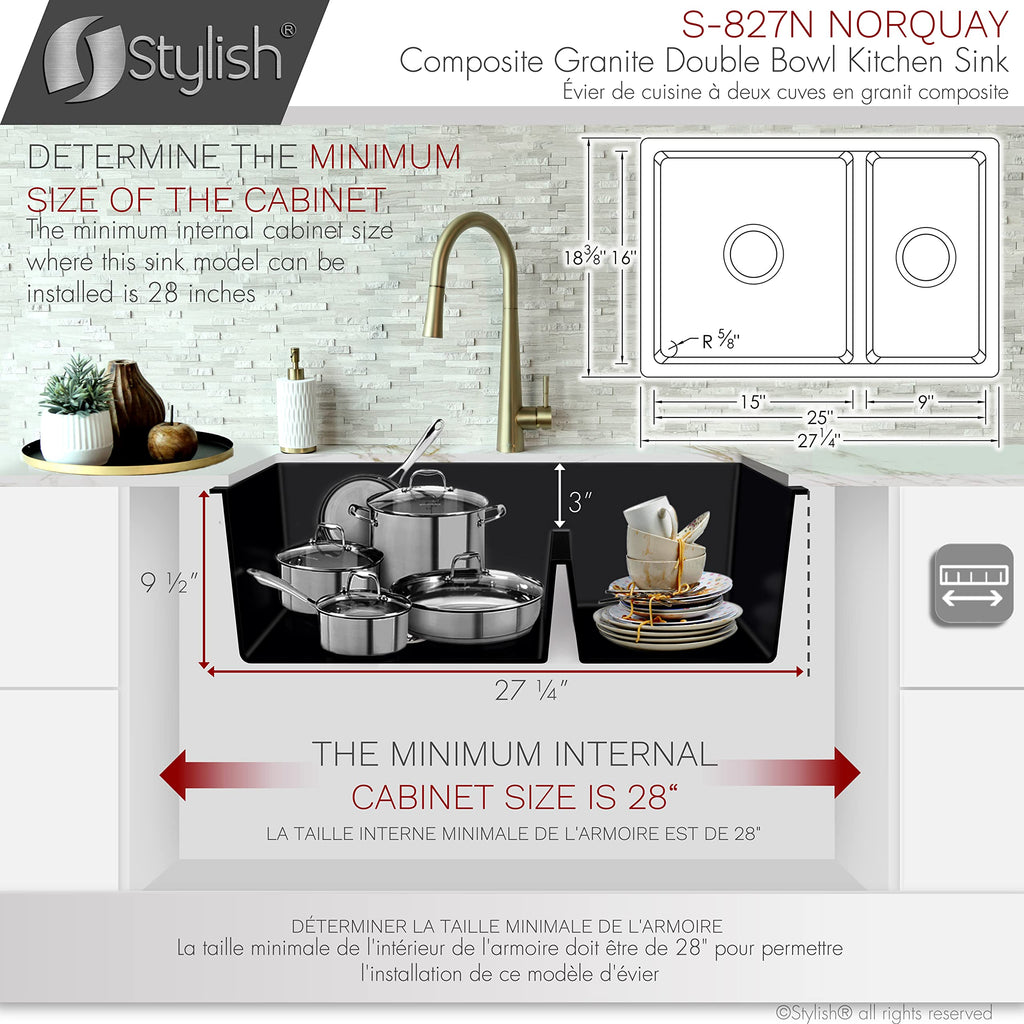 27.25 x 18.75 Inch Drop In or Undermount Kitchen Sink Double Bowl Workstation 9.5 Inches Deep Granite Composite