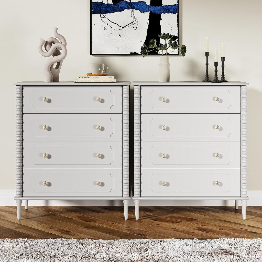 White Dresser with 4 Drawer, 37" Tall Chest of Drawers with Turned Legs and Ceramic Knobs,Vertical Dresser, Wood