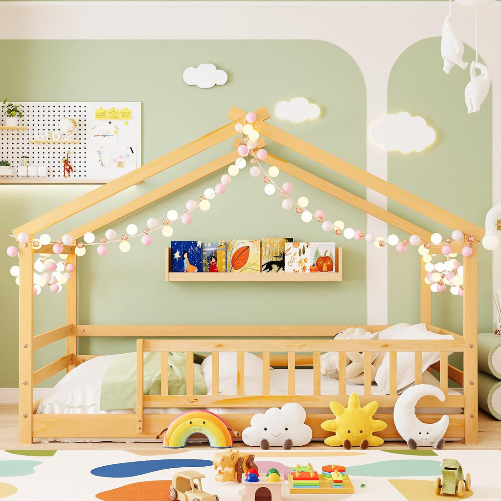 Tw Bed, Montessori Floor Bed with Fence and Roof, Solid Wood Low Bed Frame with Headboard & Footboard for Boys &