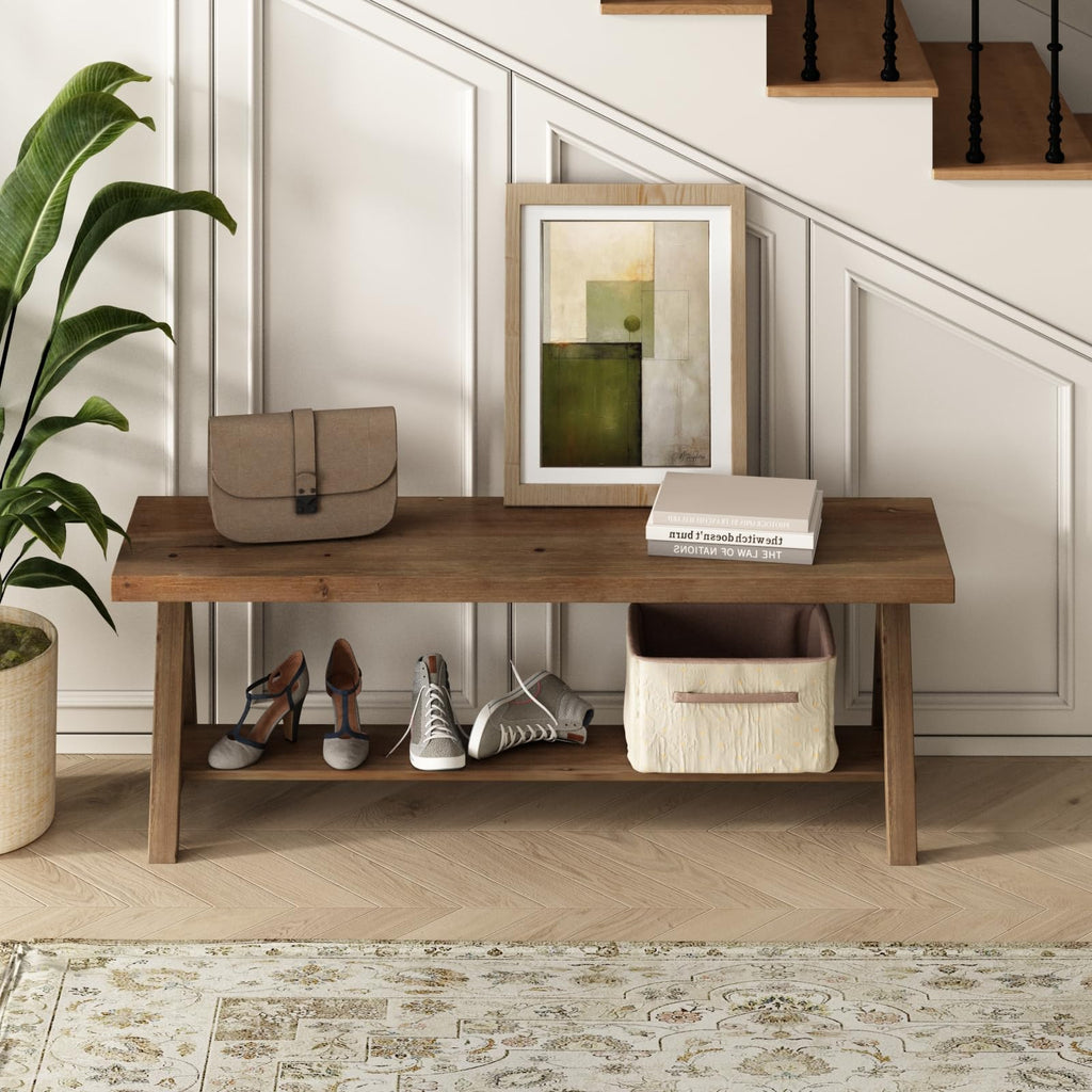 51" Solid Wood Bench, Long Farmhouse Entryway Bench with Storage