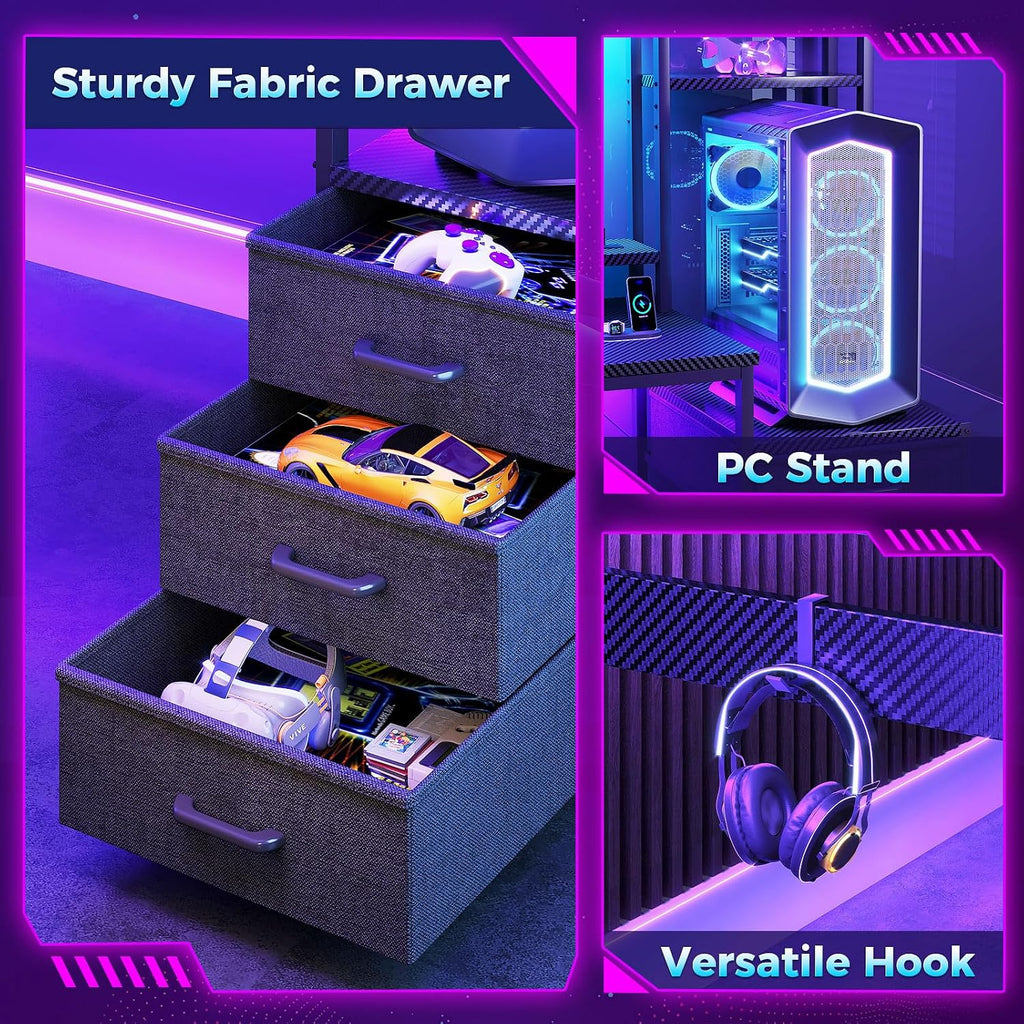 48 Inch Gaming Desk with Shelves & Hutch & 3 Drawers & LED Light | Reversible PC Desk with Tower Stand & Power