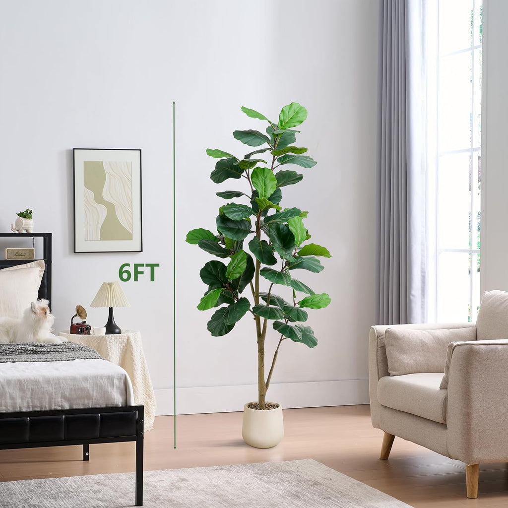 Artificial Fiddle Leaf Fig Tree 6FT, 72 Inch Tall Faux Ficus Lyrata Fake Floor Plant with White Planter & Pebbles