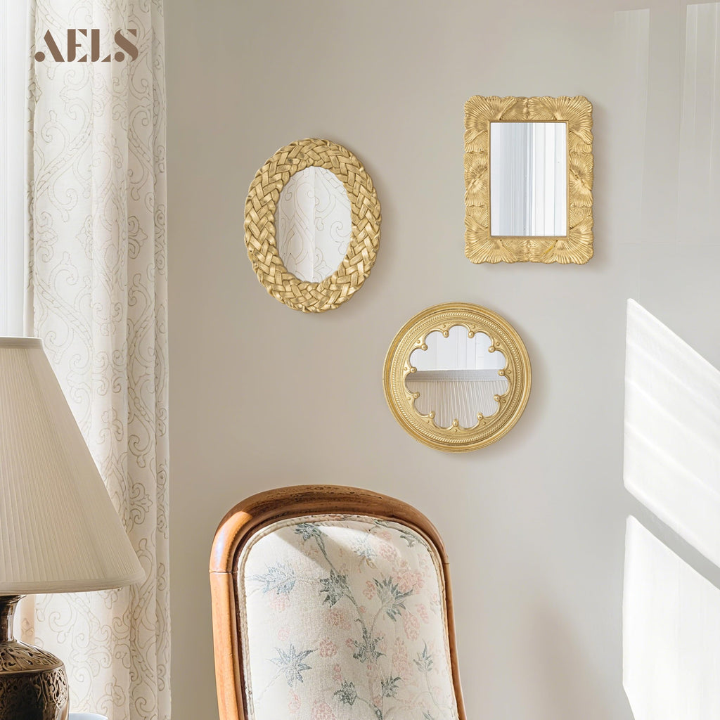 3 Pack Small Antique Gold Mirror Wall Decor, Wall Hanging Mirror Decor, Luxury Home Decor, Vintage Wall Mirror Set of