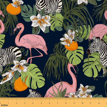 Funny Zebra Decorative Fabric by The Yard Flamingo Bird Wild Animal Indoor Soft Polyester No Stretch Fabric Palm Leaf