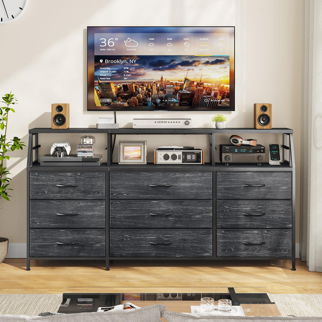 Black Dresser with 9 Fabric Drawers & Display Top Shelf