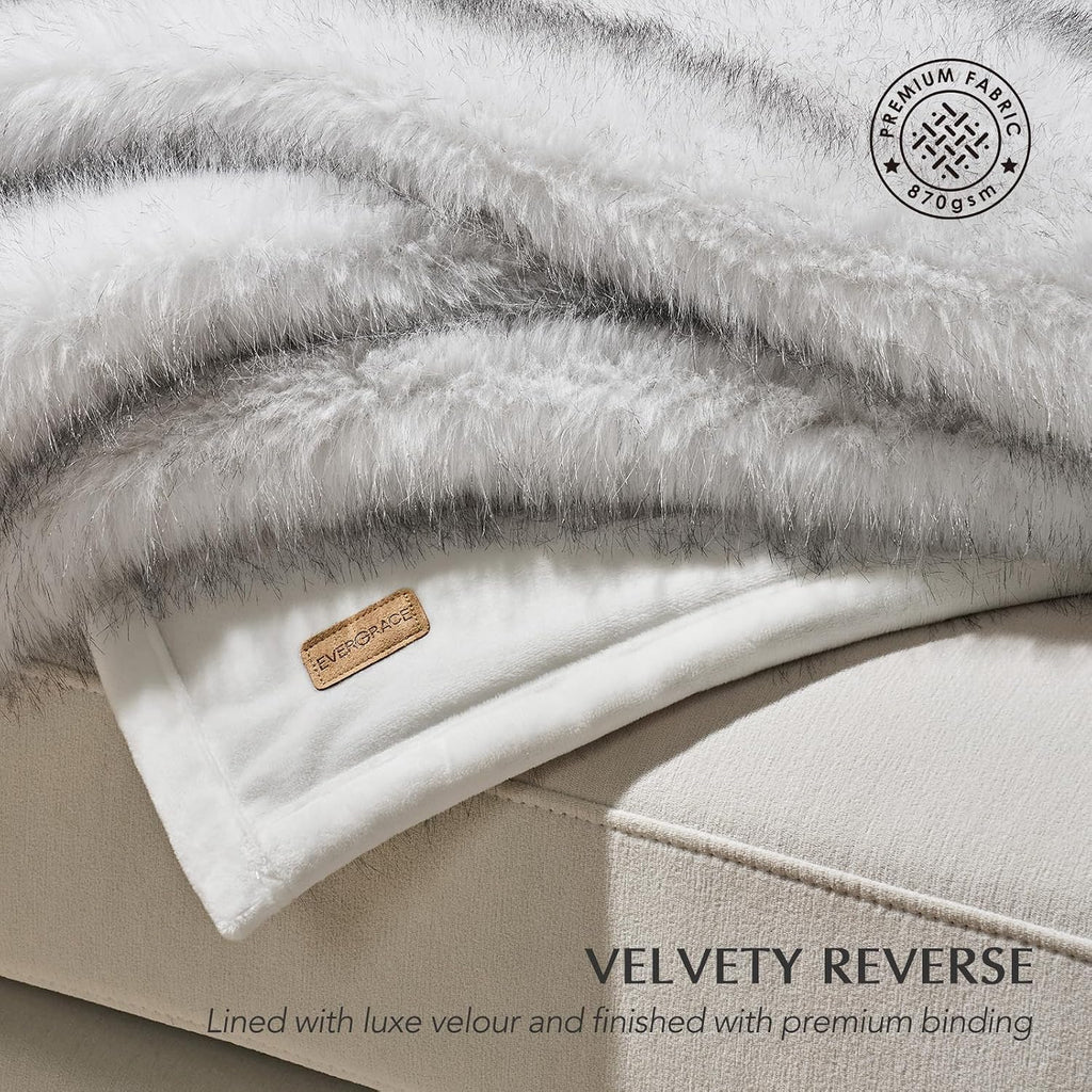 Luxury Faux Fur Throw Blanket, 60"x80", Frosted White Wolf | Fluffy Faux Mink Blanket, Soft Cozy Plush, Thick Warm