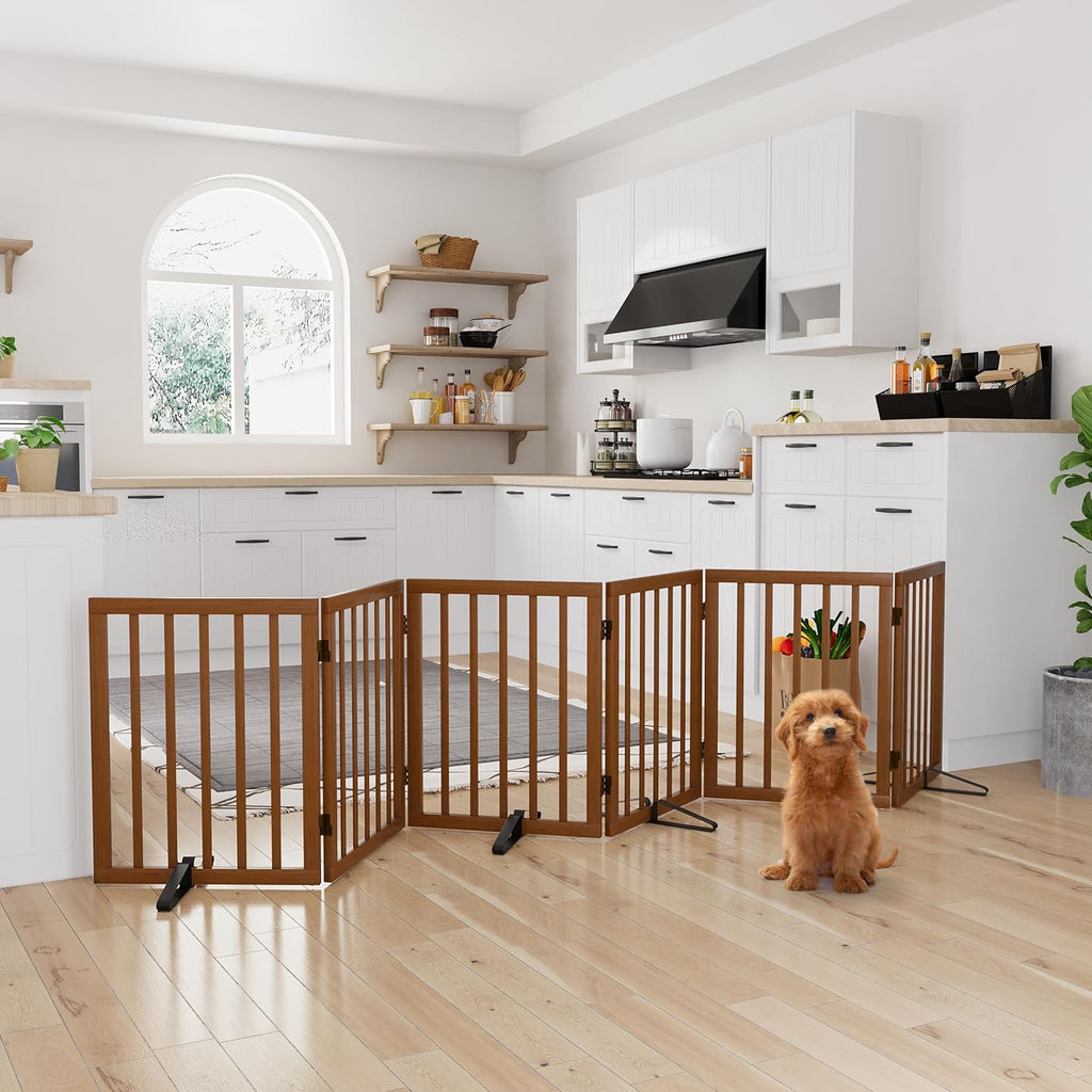 Walnut Dog Gates for Doorways, 6-Panel Freestanding Dog Gate Indoor for the House Stairs, 24" H Foldable Wooden Pet
