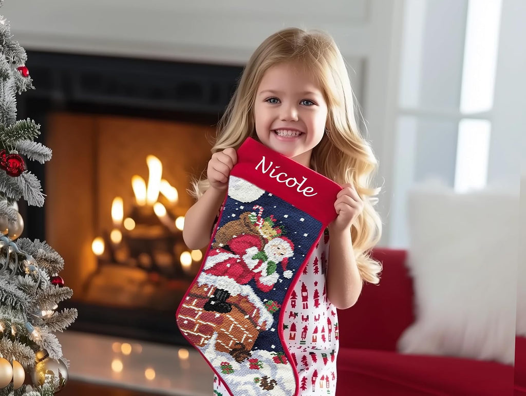 Santa on Chimney Needlepoint - Personalized Name Embroidery Family Holiday Keepsake Décor