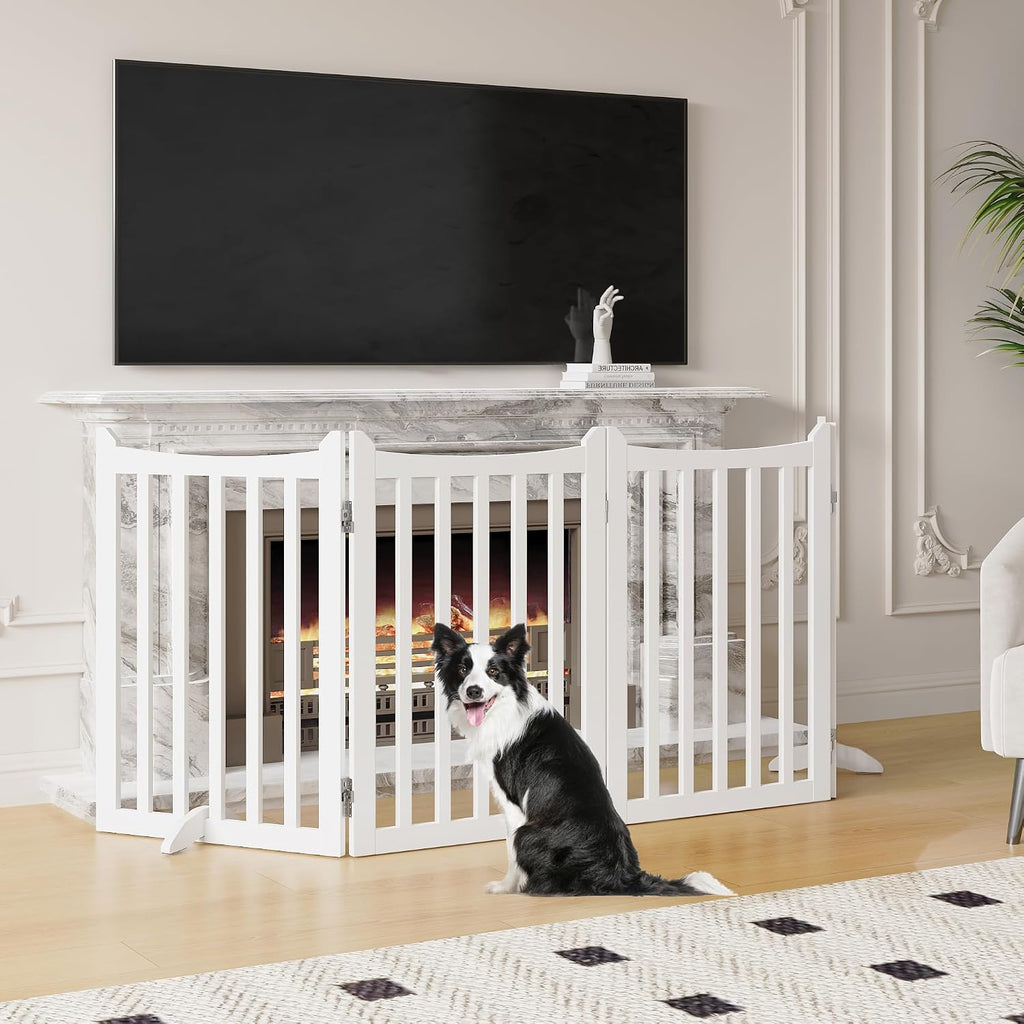 Freestanding Wooden Dog Gate, 36in H 4-Panel Pet Barrier