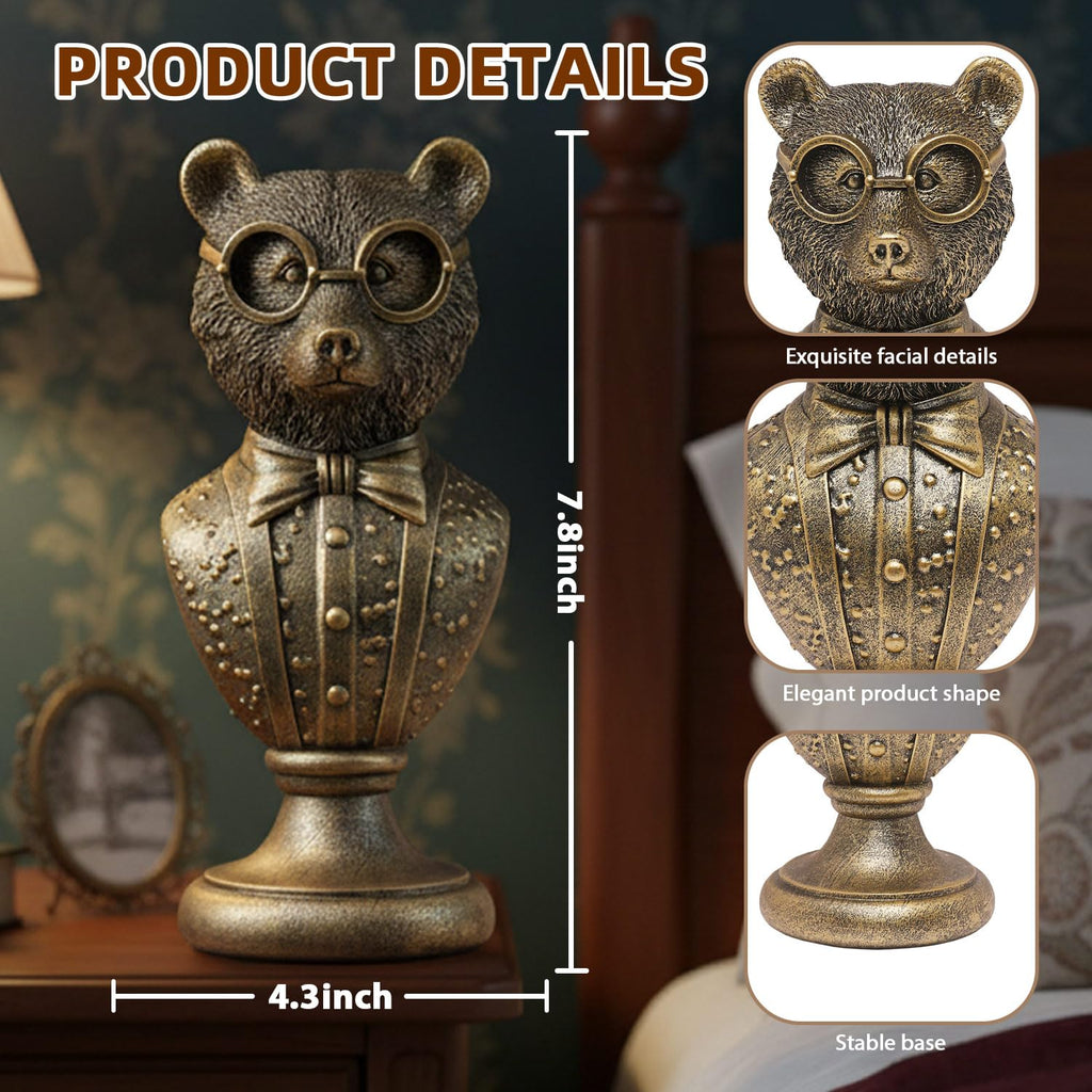 Retro Gold Resin Bear Bust Sculpture Dressed with Suit and Glasses, Vintage Animal Figurine Decor for Desk Living