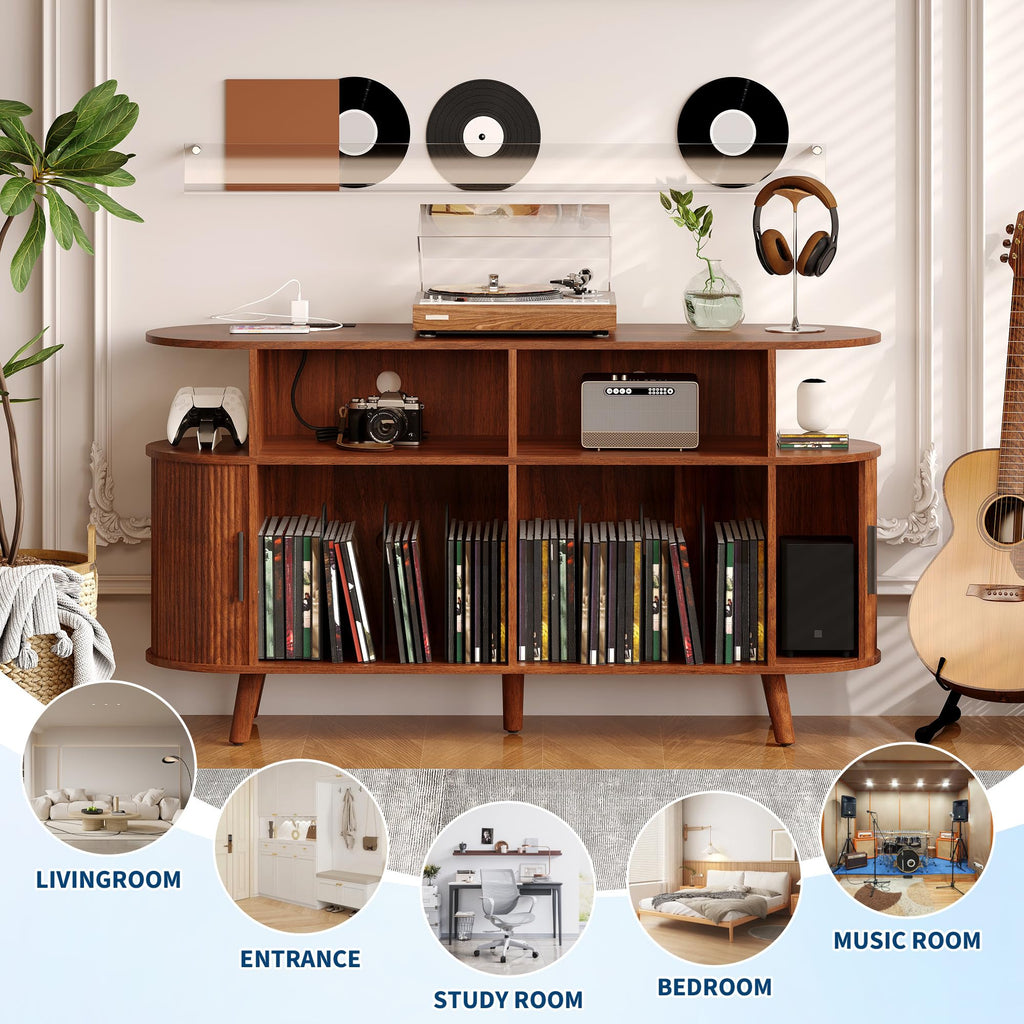 55'' Fluted Mid Century Modern Turntable Cabinet with Vinyl Storage, Large Round Record Player Stand with Charging