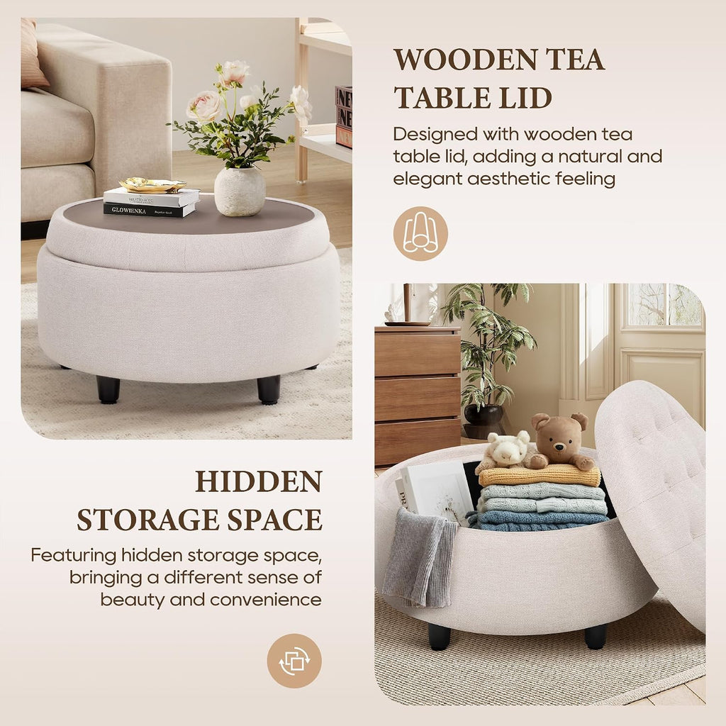 Fabric Round Storage Ottoman with Reversible Tray Lid - Multi-Functional Footrest, Hidden Storage, Sturdy & Stylish