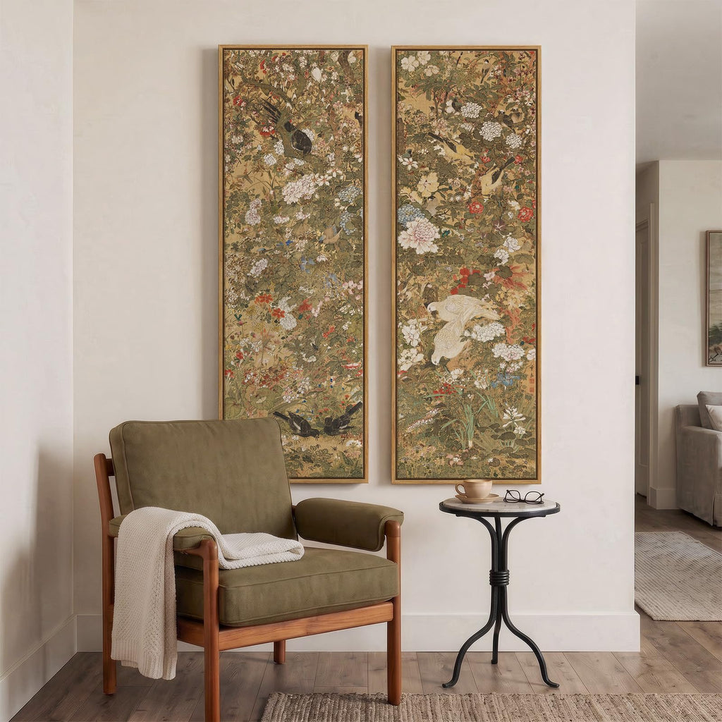 Framed Vintage Long Narrow Chinoiserie Wall Art, 60x20 Inch