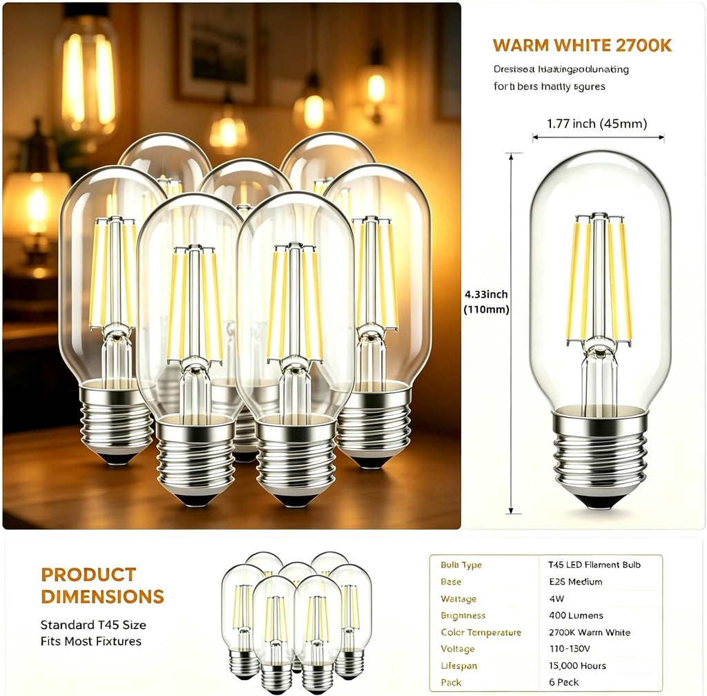 E26 LED Light Bulb, 6 Packs T45/T14 Non Dimmable 2700K Warm White LED Bulb, 4W Equivalent 40W, E26 Tubular Light