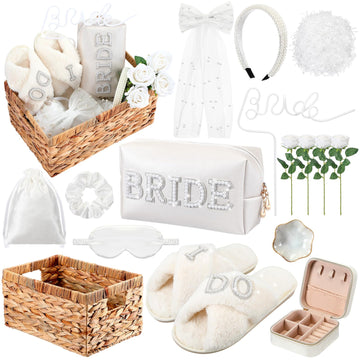 16 Pcs Bride Gift Basket, Wicker Basket Slippers Veil Headband