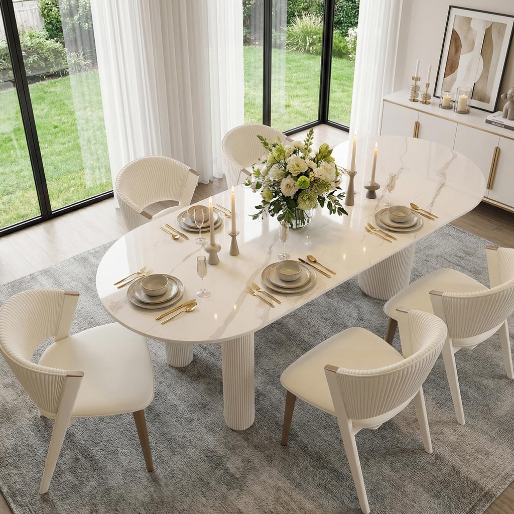 79'' Oval Dining Table for 8-10 People, Scandinavian Wood Dinner Kitchen Table with Sintered Stone Tabletop and