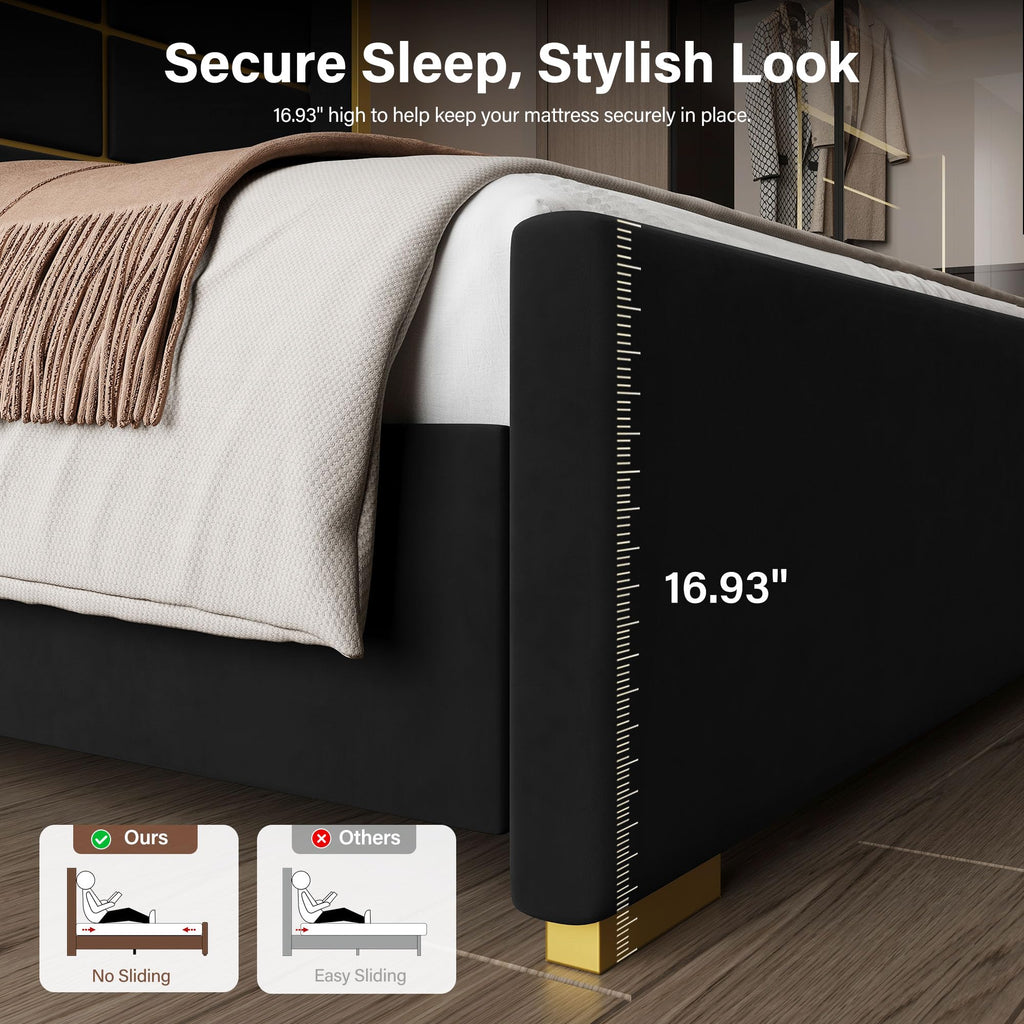 King Size Bed Frame with Headboard, 66.93" Tall Bed, Black and Gold