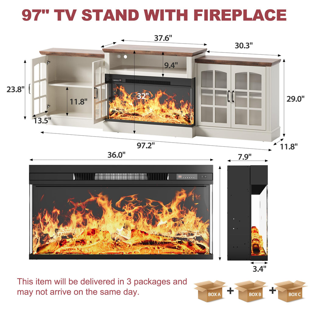 97'' Fireplace TV Stand with 3-Sided Electric Fireplace up to 100" TV, LED Entertainment Center Media Console with
