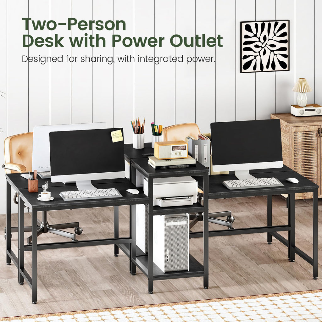 78.7" Two Person Computer Desk with Power Outlet & 3-Tier Shelf, Large Industrial Office Desk with 4 AC Outlets & 2