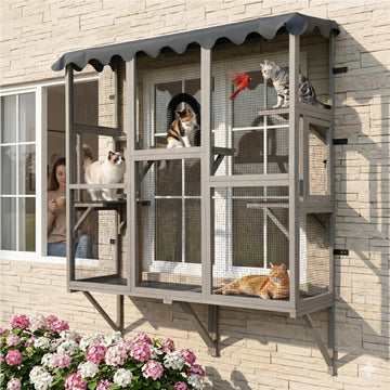 Window Cat Cage, 70.9" Tall Large Wooden Cat Enclosure with Multi-Level Perches, Escape-Proof Galvanized Mesh, Sturdy