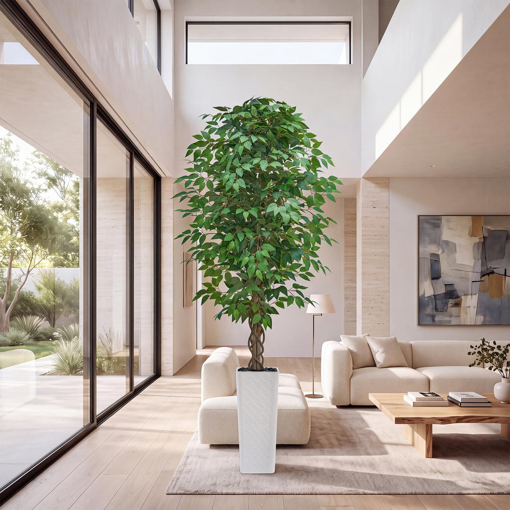 Artificial Ficus Tree 8FT, Large Fake Tree Decor (White Planter)