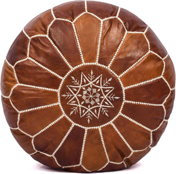 Pouf Ottoman Cover, Unstuffed Foot Stool, Round Boho Footrest Decor Gift (Dark Tan By White)