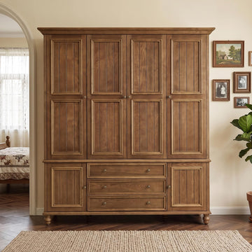 Vintage Solid Wood Wardrobe Closet with Doors, Walnut Finish