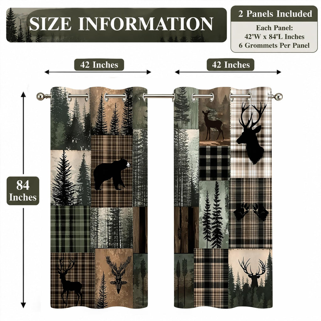 Rustic Cabin Bear Deer Forest Blackout Curtains, 2 Panels 42x84 Inch