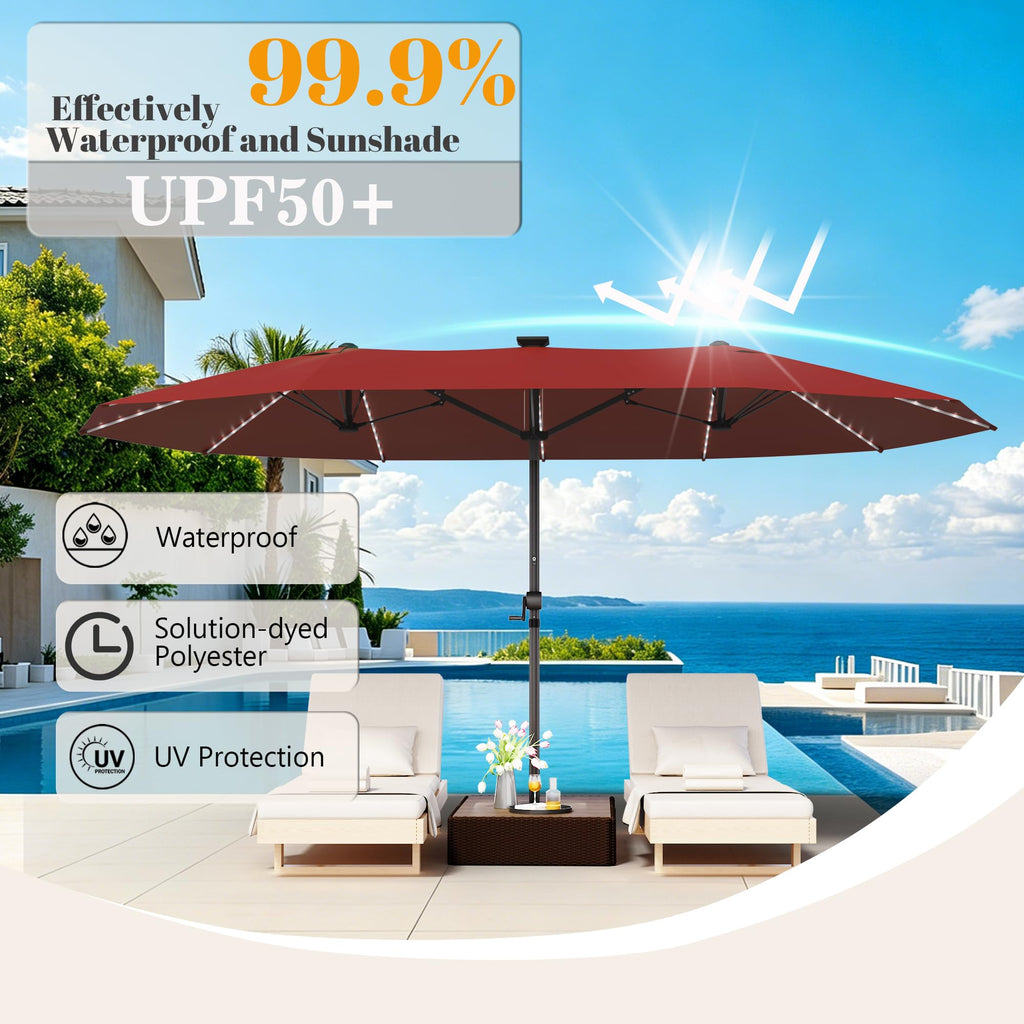 15ft Rectangular Patio Umbrella with Solar LED Lights, Double-Sided Outdoor Market Umbrella Extra Large Shade for