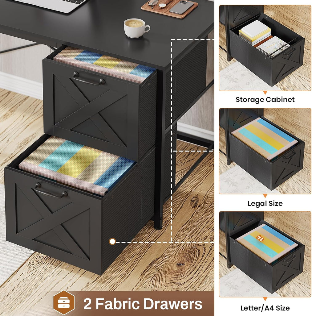 Reversible L Shaped Corner Gaming Desk with Drawers, Led Lights | Corner Computer Desk with Fabric Drawers, Power