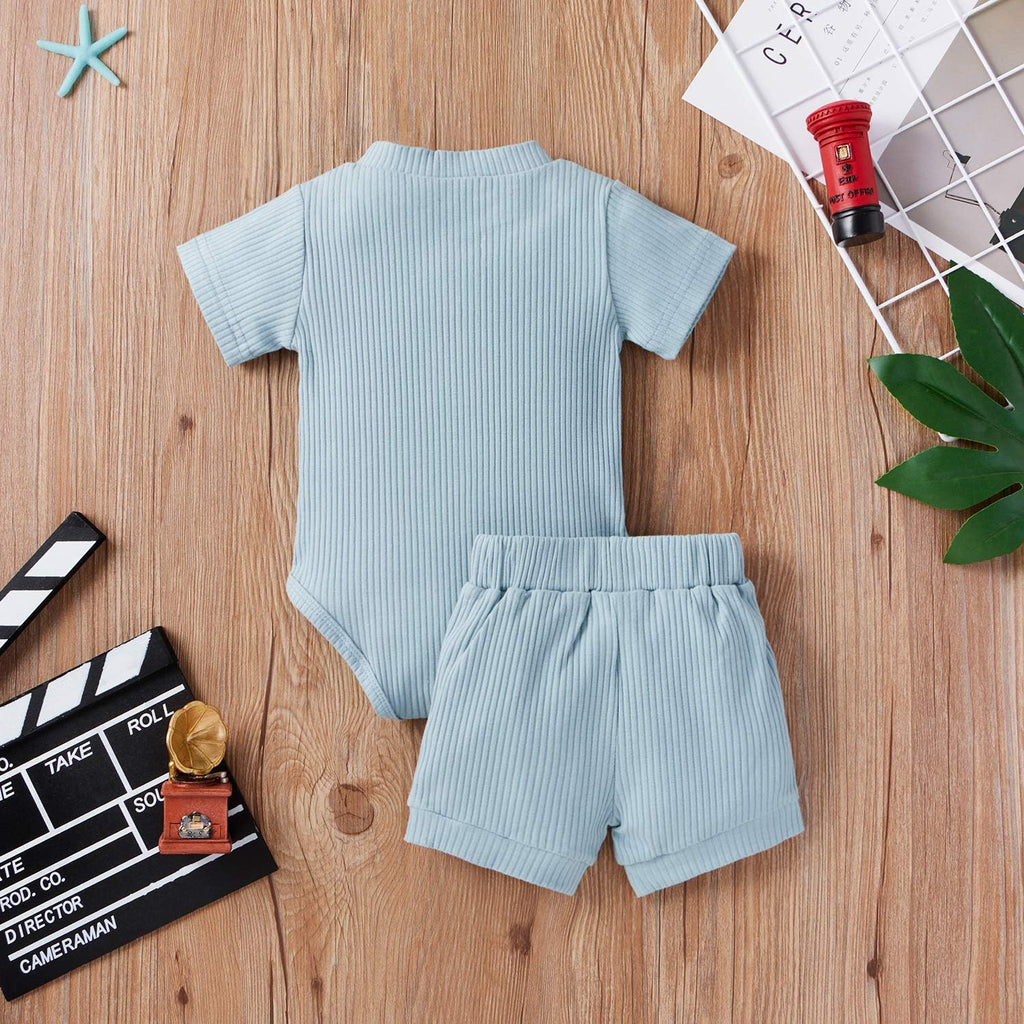 Summer Newborn Baby Boy Girl Clothes Set Ribbed Outfits Unisex Infant Solid Short Sleeve Tops Shorts 2PCS