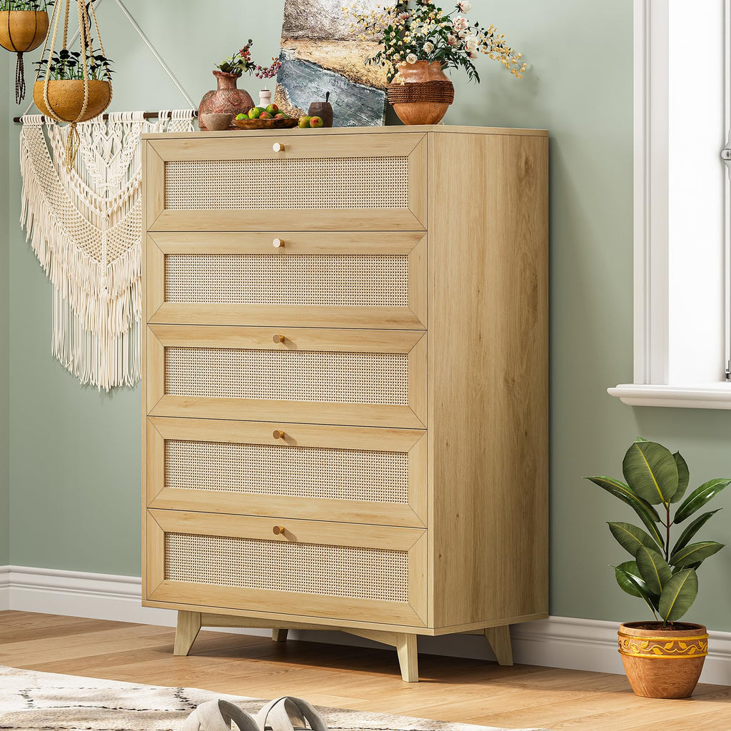 Rattan Dresser with 5 Drawer, Modern Double Wooden Tall Bedroom Dresser, Chest of Drawers with Metal Handle & Solid