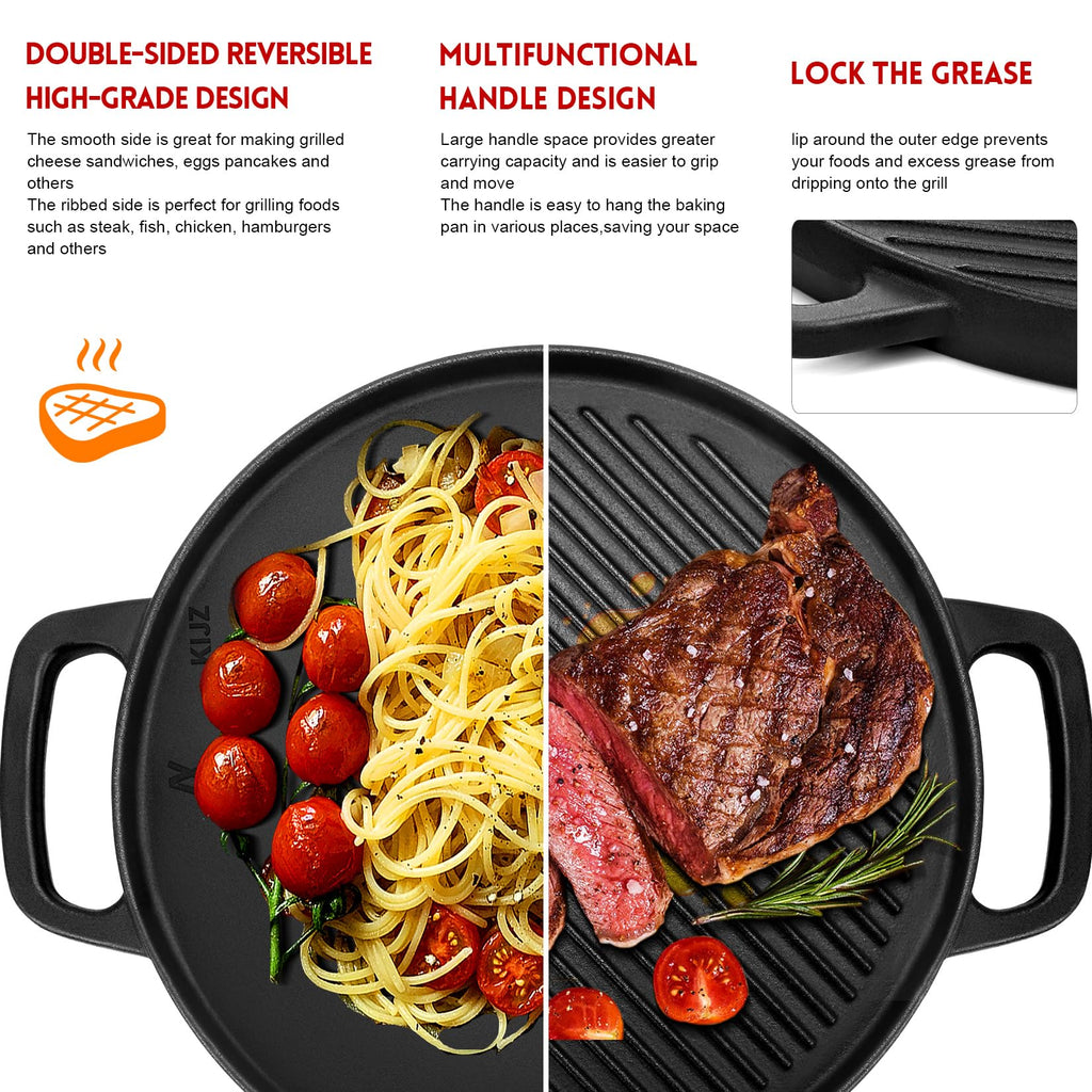 Reversible Cast Iron Griddle for Stove Top, 12" Round Griddle Pan