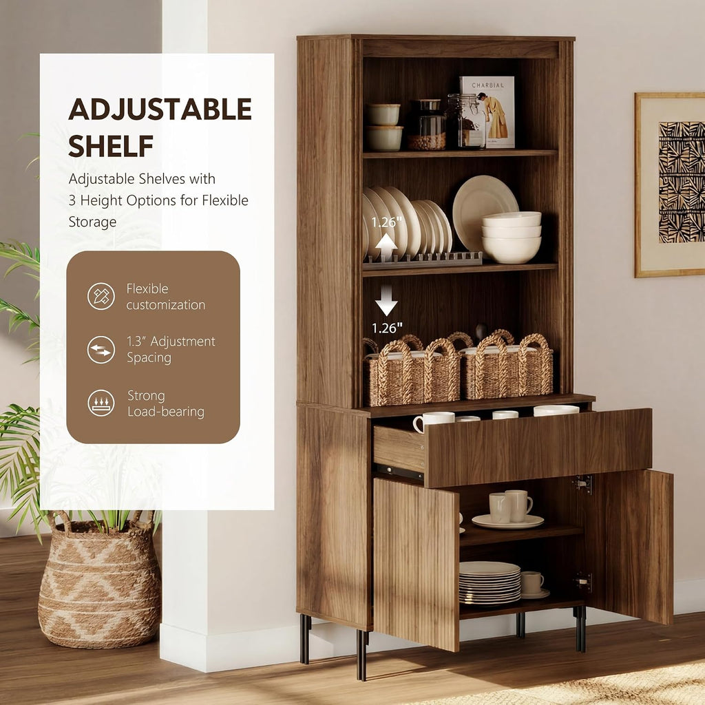 Modern 71.5" Tall Bookcase with 2 Doors & 1 Drawers, Fluted Bookcase with Storage and Adjustable Shelves, Wooden
