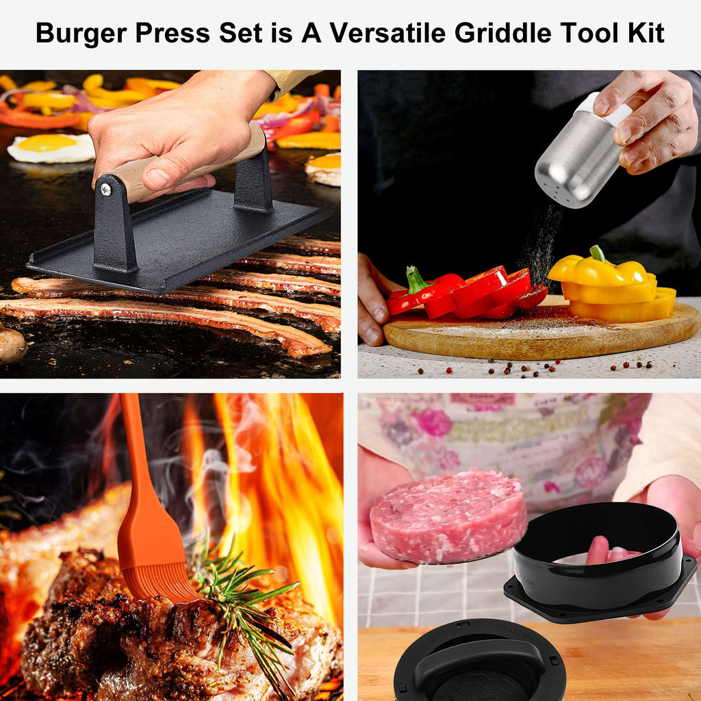 5PCS Smash Burger Press Kit - 4 in 1 Hamburger Patty Storage Containers, 7.68"X4.1" Cast Iron Smash Bacon Press - Non