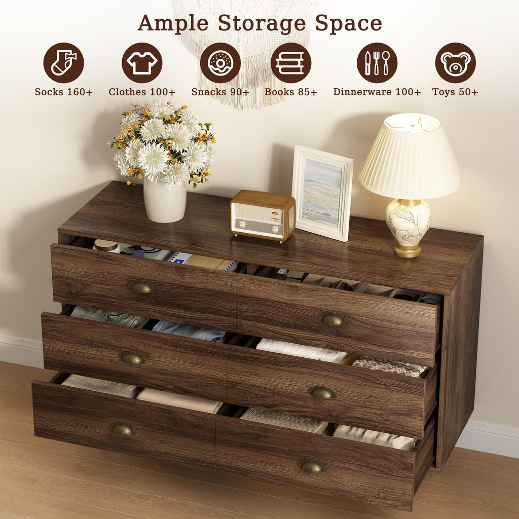 47" Vintage with 6 Drawers and Metal Handles, Walnut