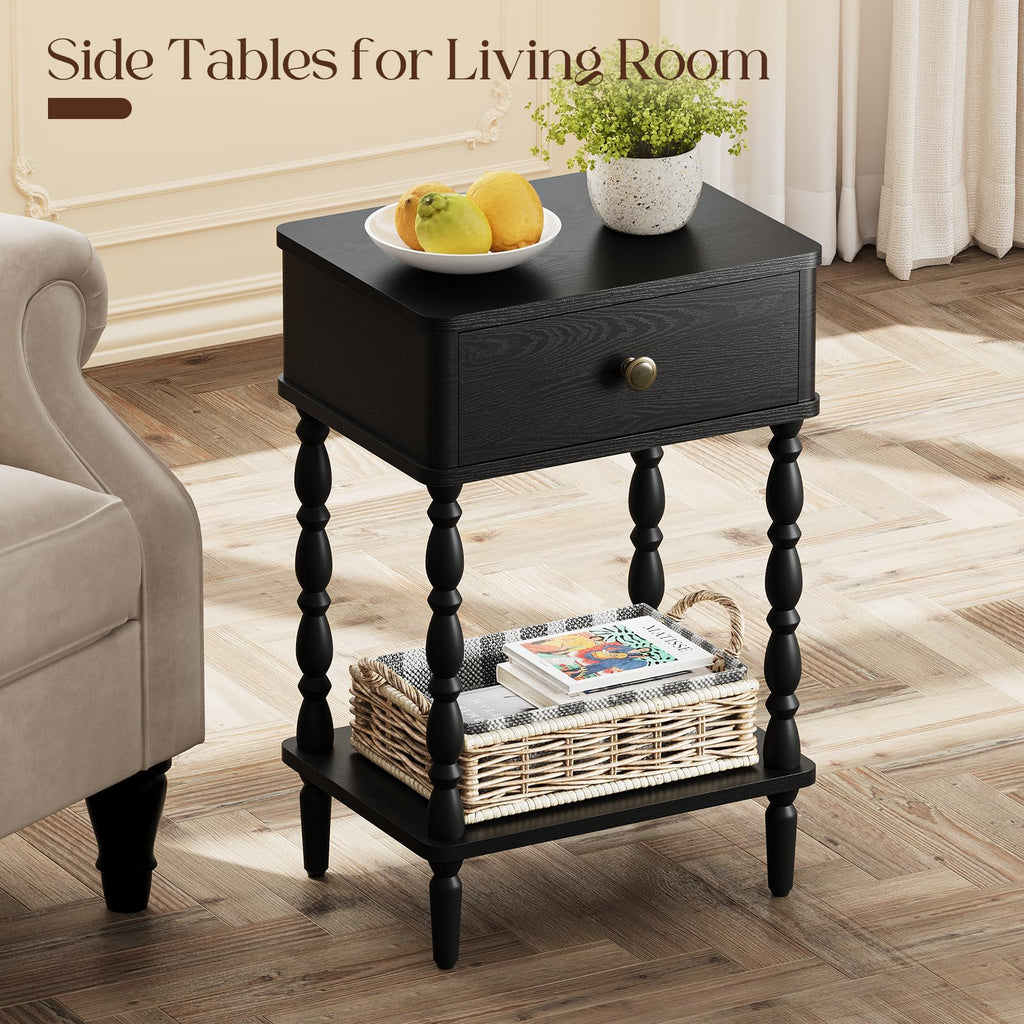 Small Side Table with Drawer - Black Nightstand with Wood Legs