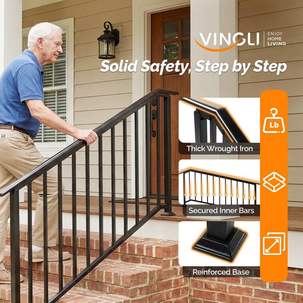 Handrails for Outdoor Steps Fits 5-6 Steps, Stair Handrail with Drainage Holes & Straight Ends, Wrought Iron Hand