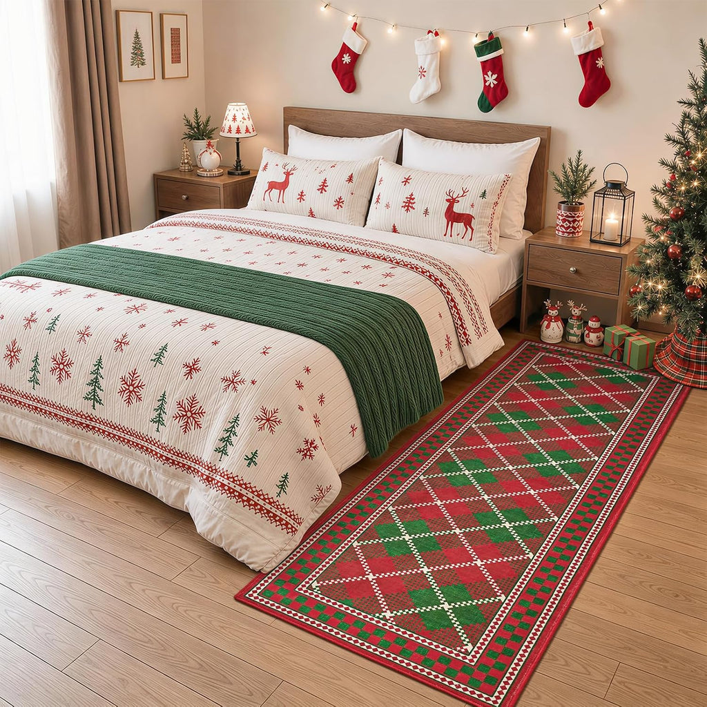 Christmas Runner Rug, Red Green Checkered Rugs with Low Plie Non-Slip Backing, Washable Stain-Resistant Plaid