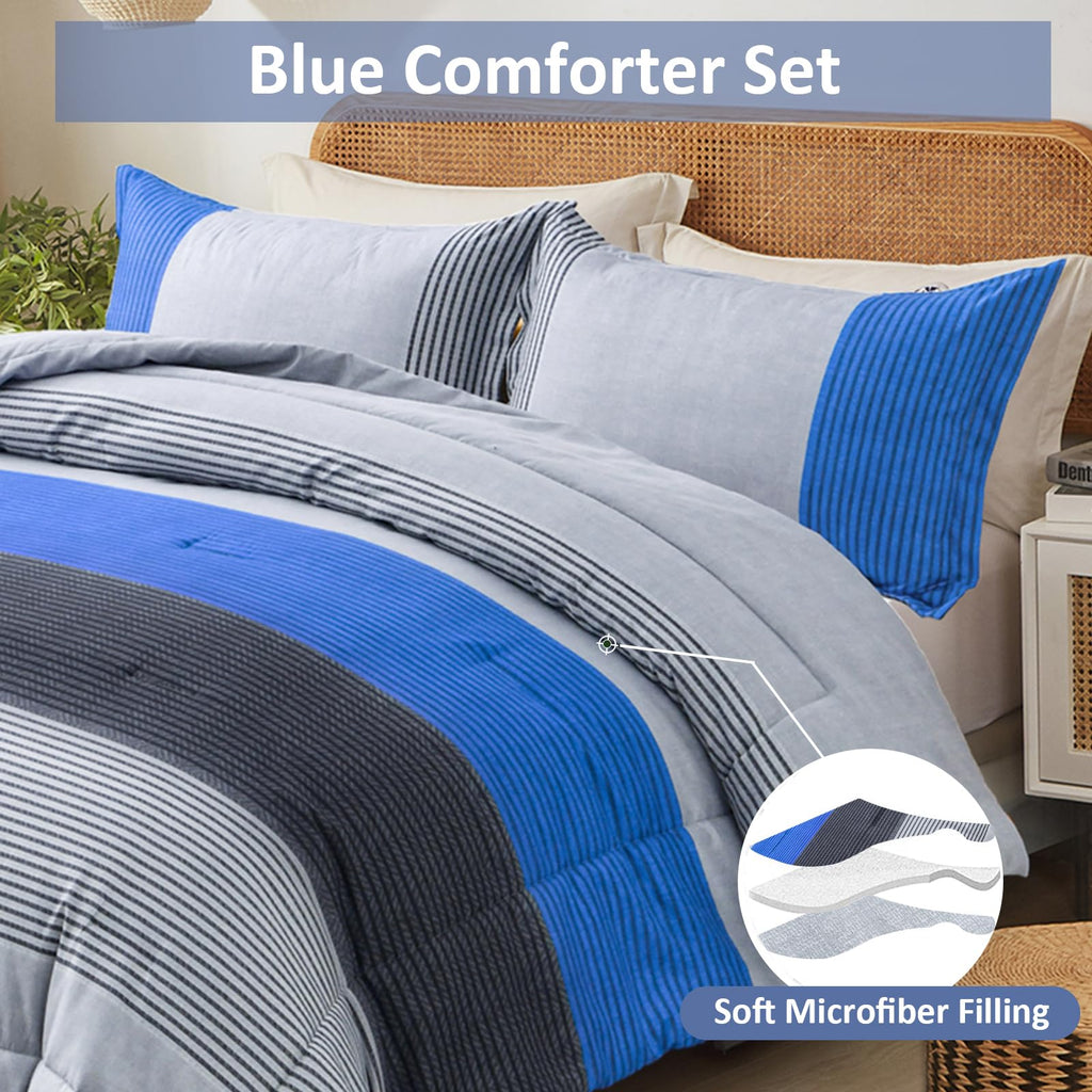 Blue Stripe Comforter Set Reversible Grey Blue Bedding Comforter Set for Bed, 2 Pieces (1 Comforter+1
