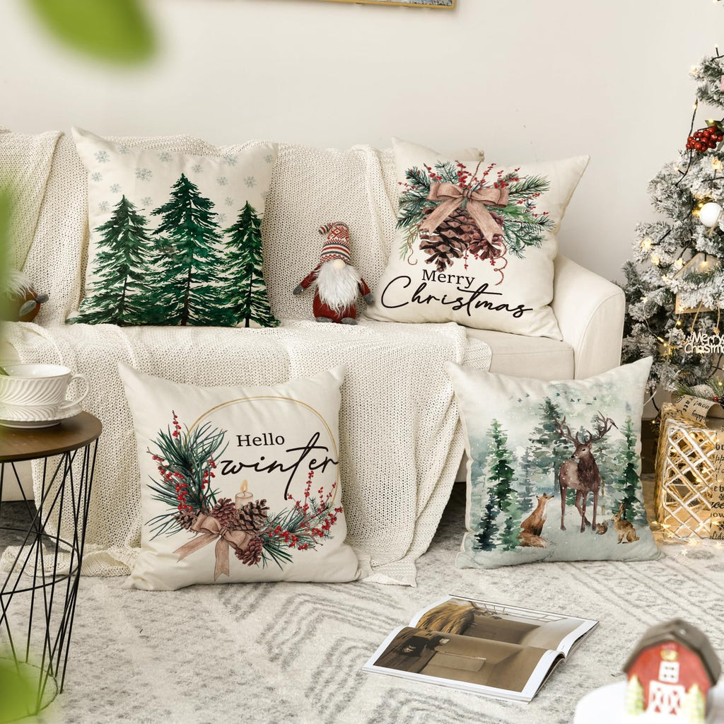 Merry Christmas Trees Reindeer Snowflake Throw Pillow Covers, 18 x 18 Inch Xmas Red Berries Hello Winter Holiday - Set of 4