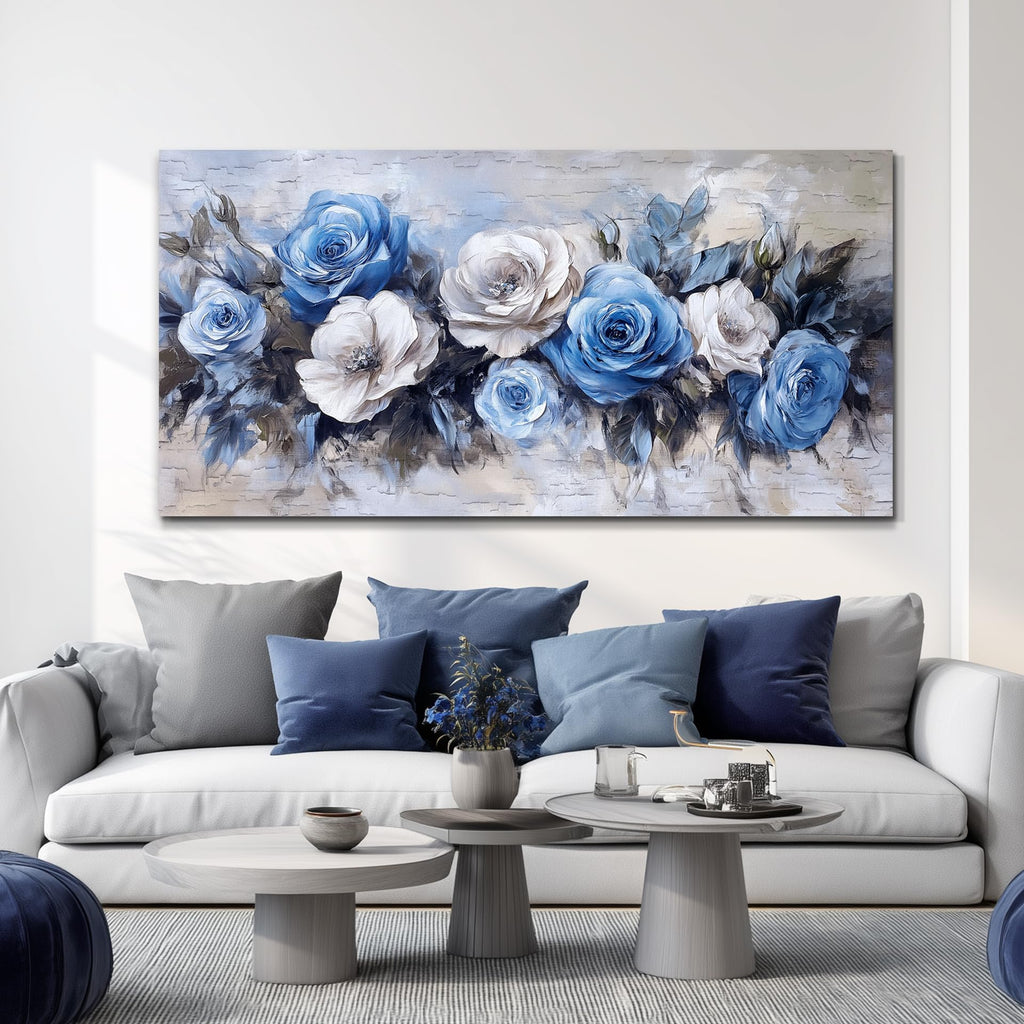 Floral Wall Art, Large Wall Art, Botanical Wall Decor, White Blue Flower Blossom Print Artwork, Modern Elegant
