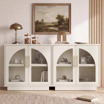 Arched Glass Sideboard Buffet Cabinet Set of 2, 31.5" Farmhouse Accent Storage Cabinet with Adjustable Shelf, Coffee