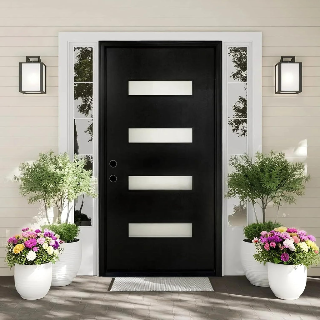 Fiberglass Entry Door Right Hand Inswing, 36 x 80, 4 Lite Frosted Glass 4-9/16 in. Vinyl Frame, Contemporary Style for Home's Front Entrance, Black Finished Knock-Down Entry Door