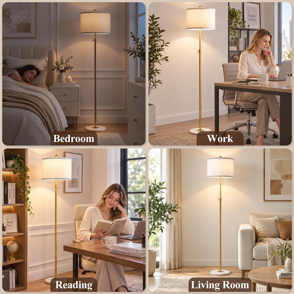 Gold Floor Lamp with Marble Base, 56-65" Height Adjustable Pole Lamp