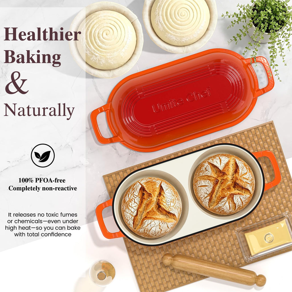 Complete Mini Double Dutch Oven Kit for Sourdough Bread - Enameled Cast Iron Bread Pan with Deep Dual Loaf Pots