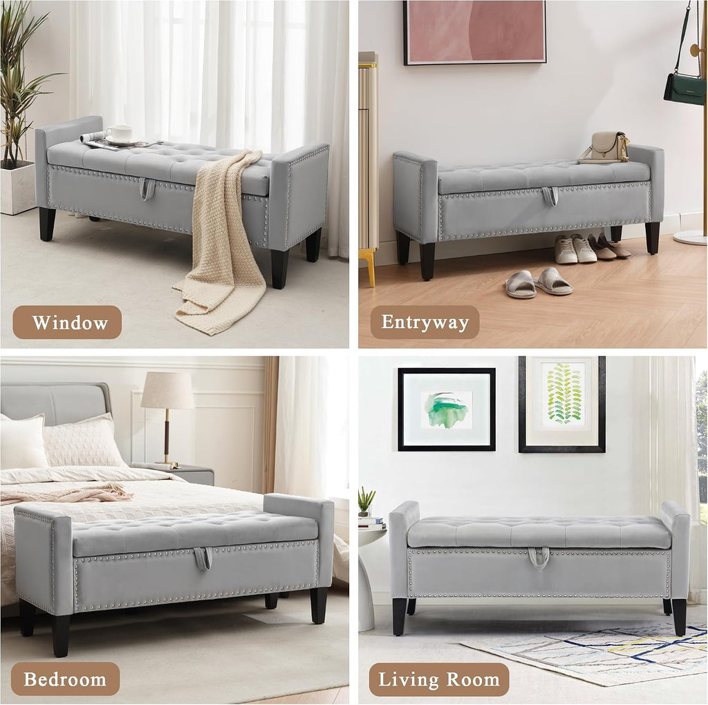 Velvet Storage Ottoman Bench, 46'' Upholstered Button Tufted End of Bed Bench, Modern Storage Bench , Grey