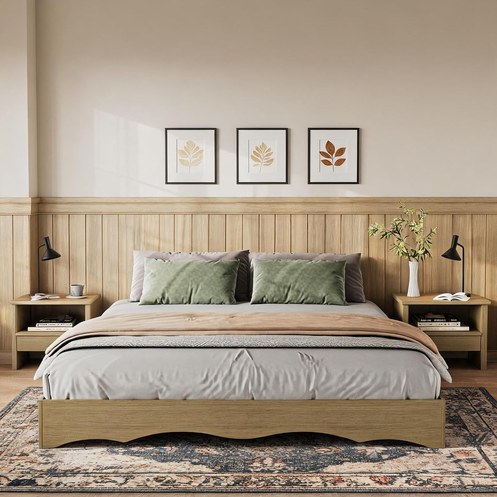 Japanese-Inspired Low Profile Wood Platform Bed Frame with Wavy Edge - Solid Slat Support, Noise-Free, No Box Spring