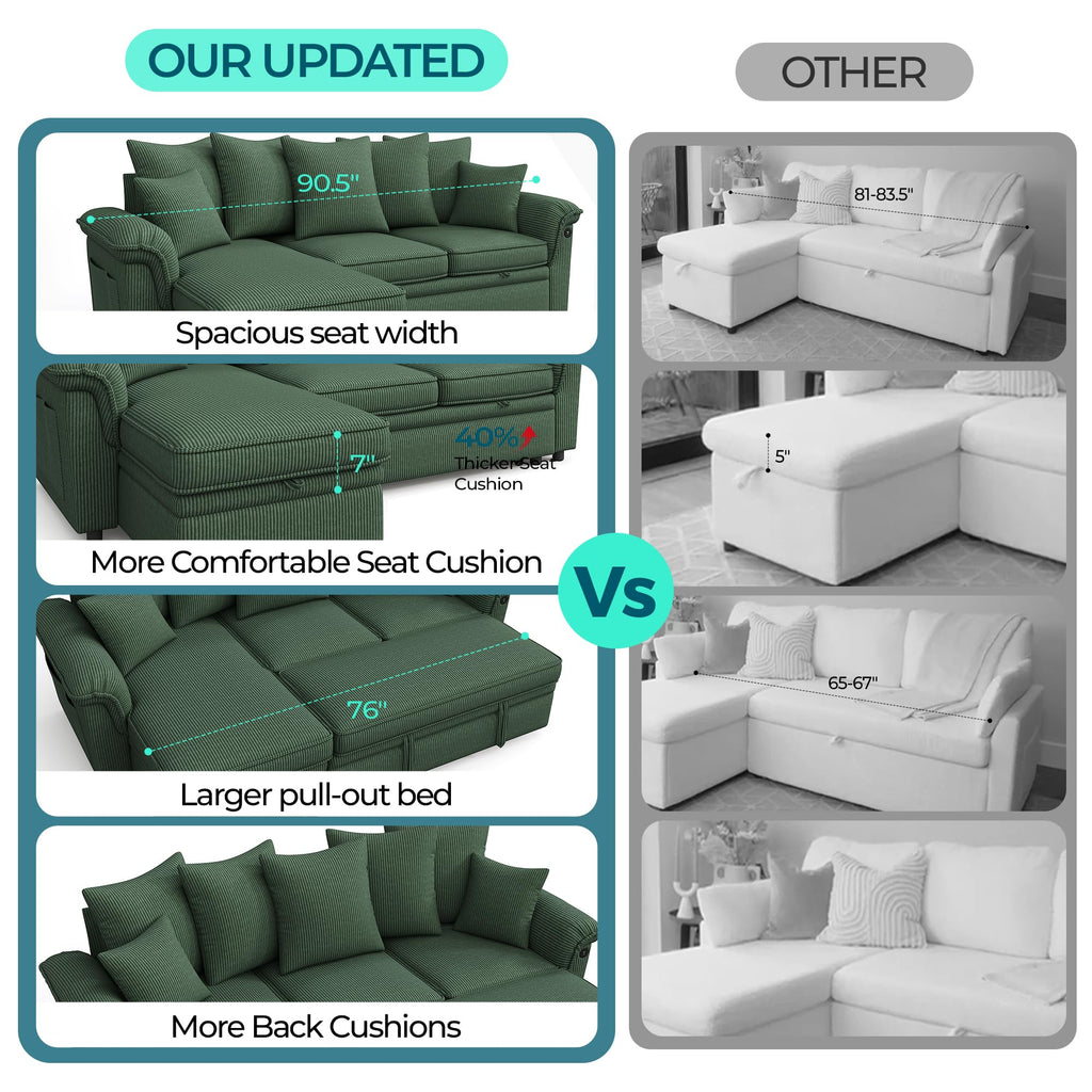Sectional Couch with Pull Out Bed, Large Corduroy Modular Sleeper Sofa, Storage Chaise, Wide Armrest, 90" 3 Seats