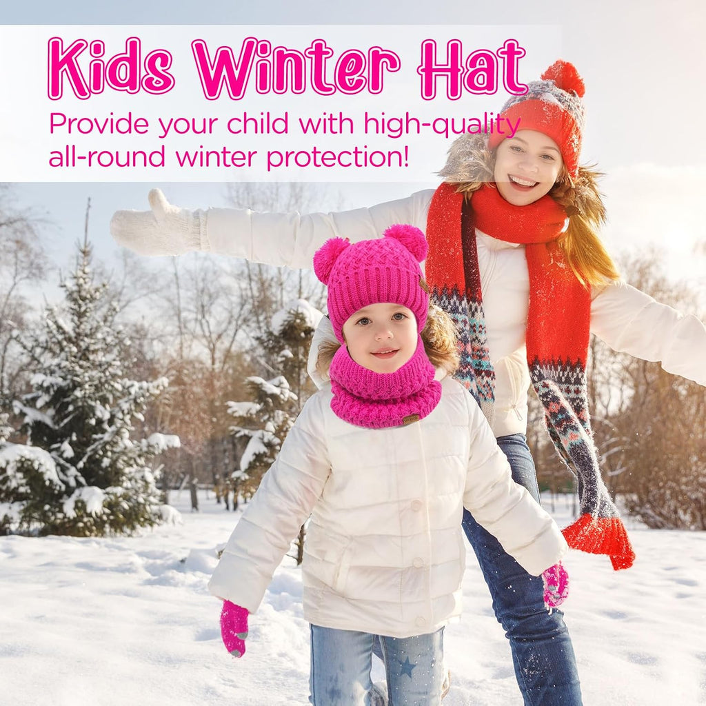 Kids Winter Hat Gloves Scarf Set Fleece Lined Beanie with Pom knitted Neck Warmer for Boys Girls Aged Cold